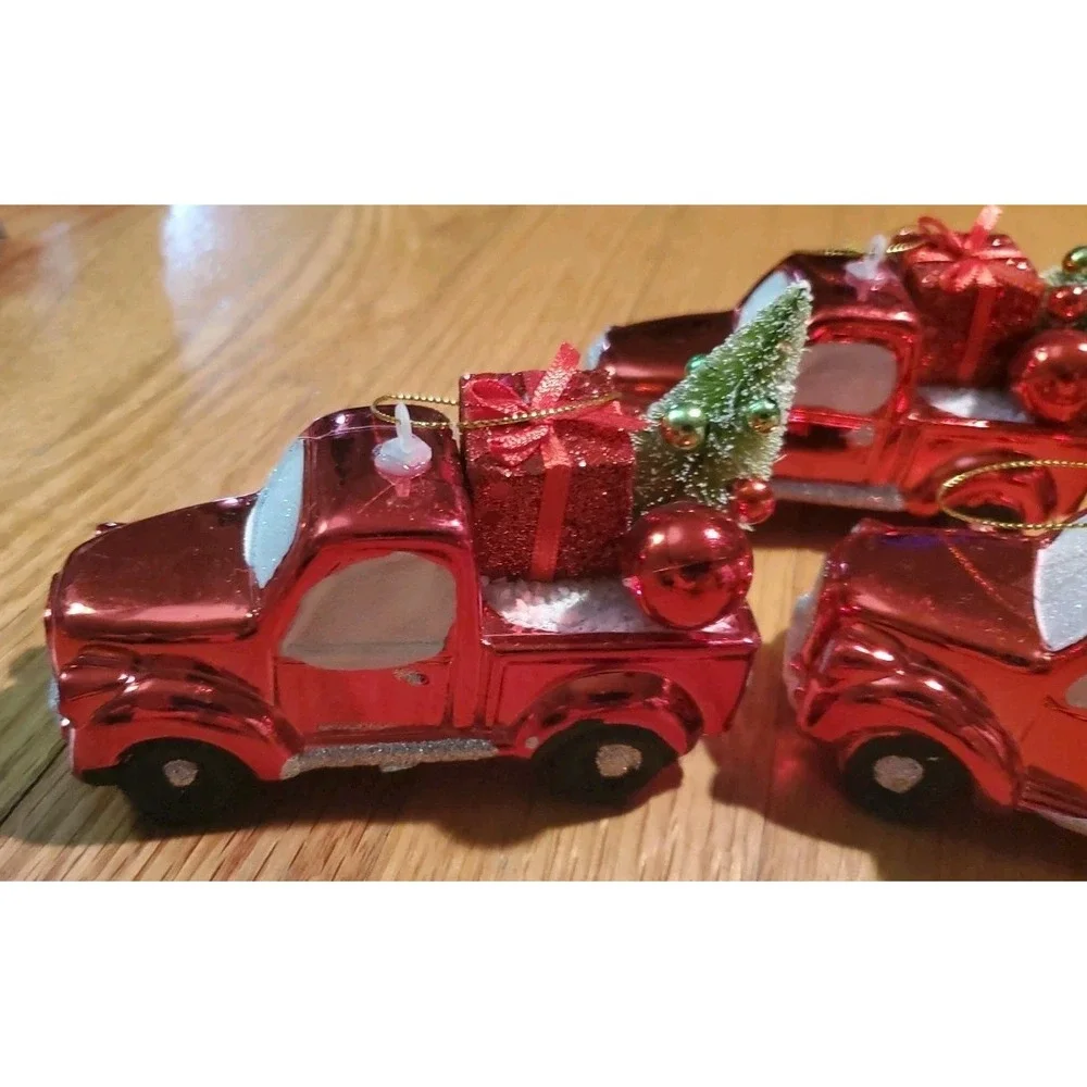 Retro Style Shiny Red Truck Christmas Ornaments Lot Of 5